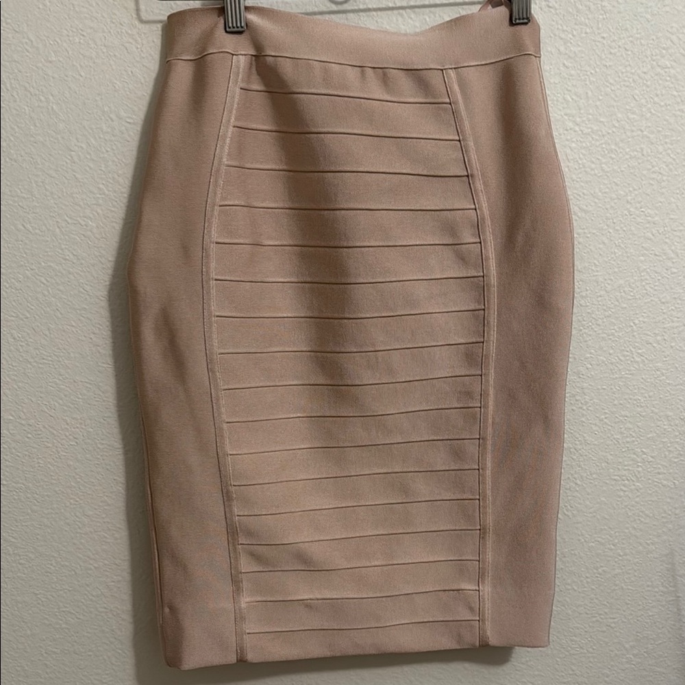 Tan Ribbed Knee-Length Pencil Skirt